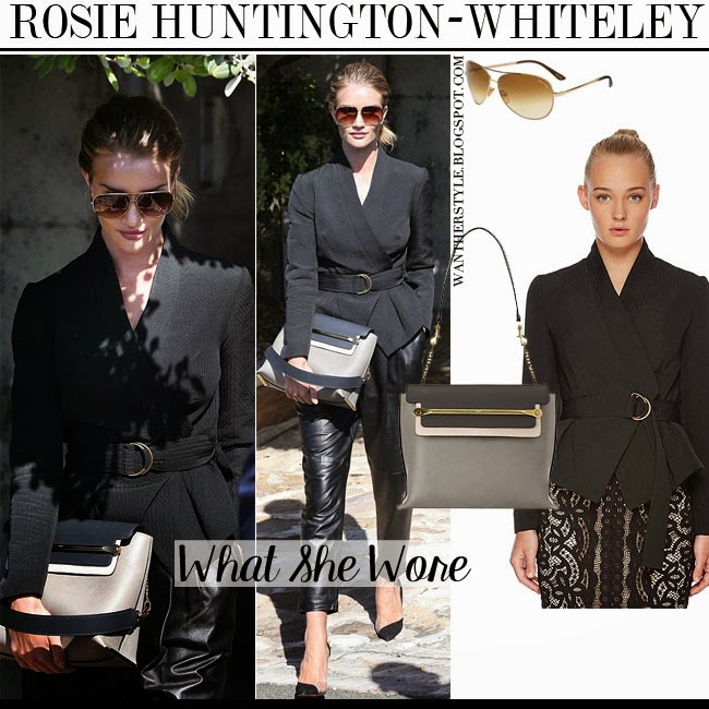WHAT SHE WORE: Rosie Huntington-Whiteley in black wrap jacket with ...  
