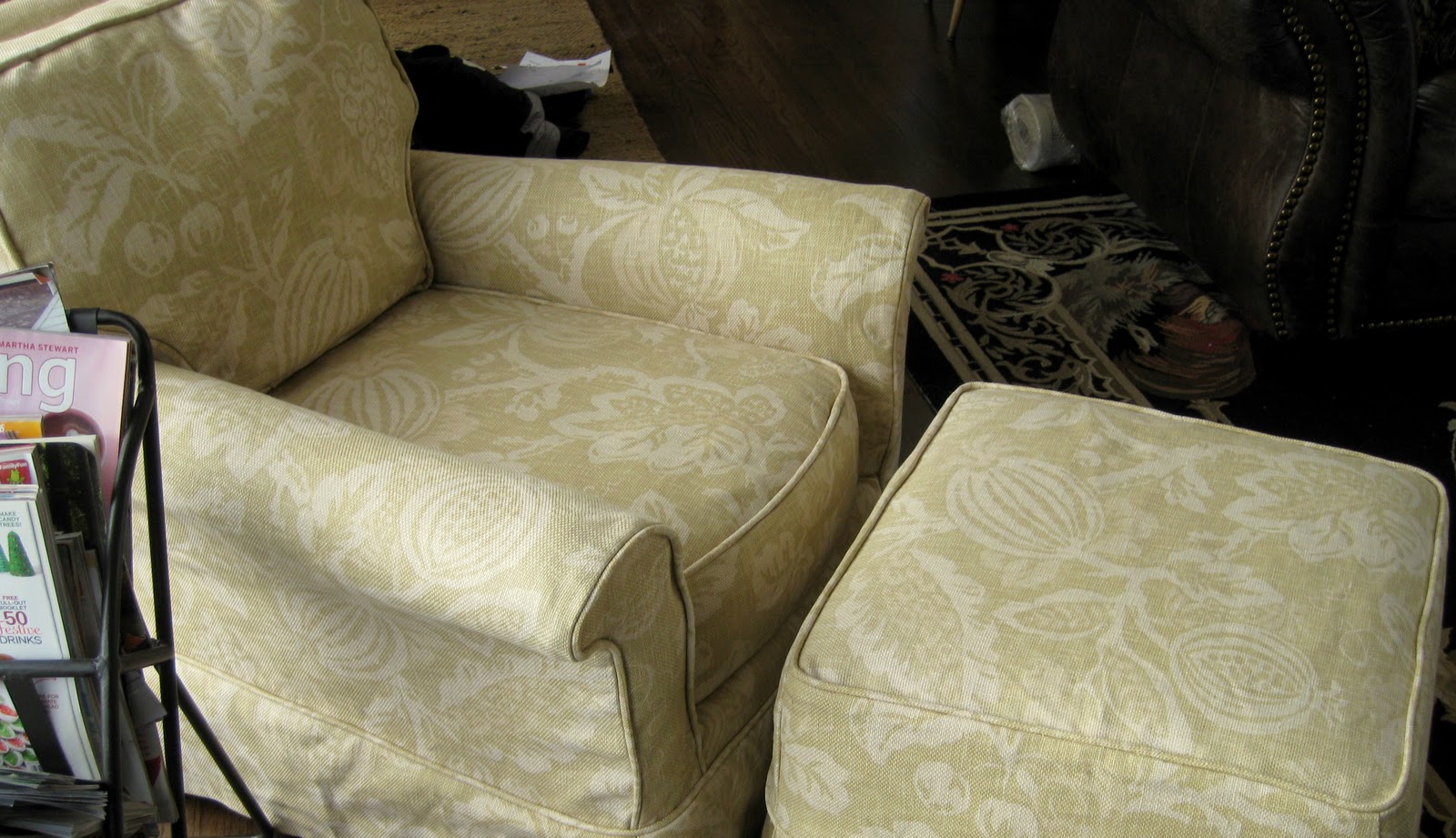 Custom Slipcovers by Shelley Chair and ottoman floral slipcover