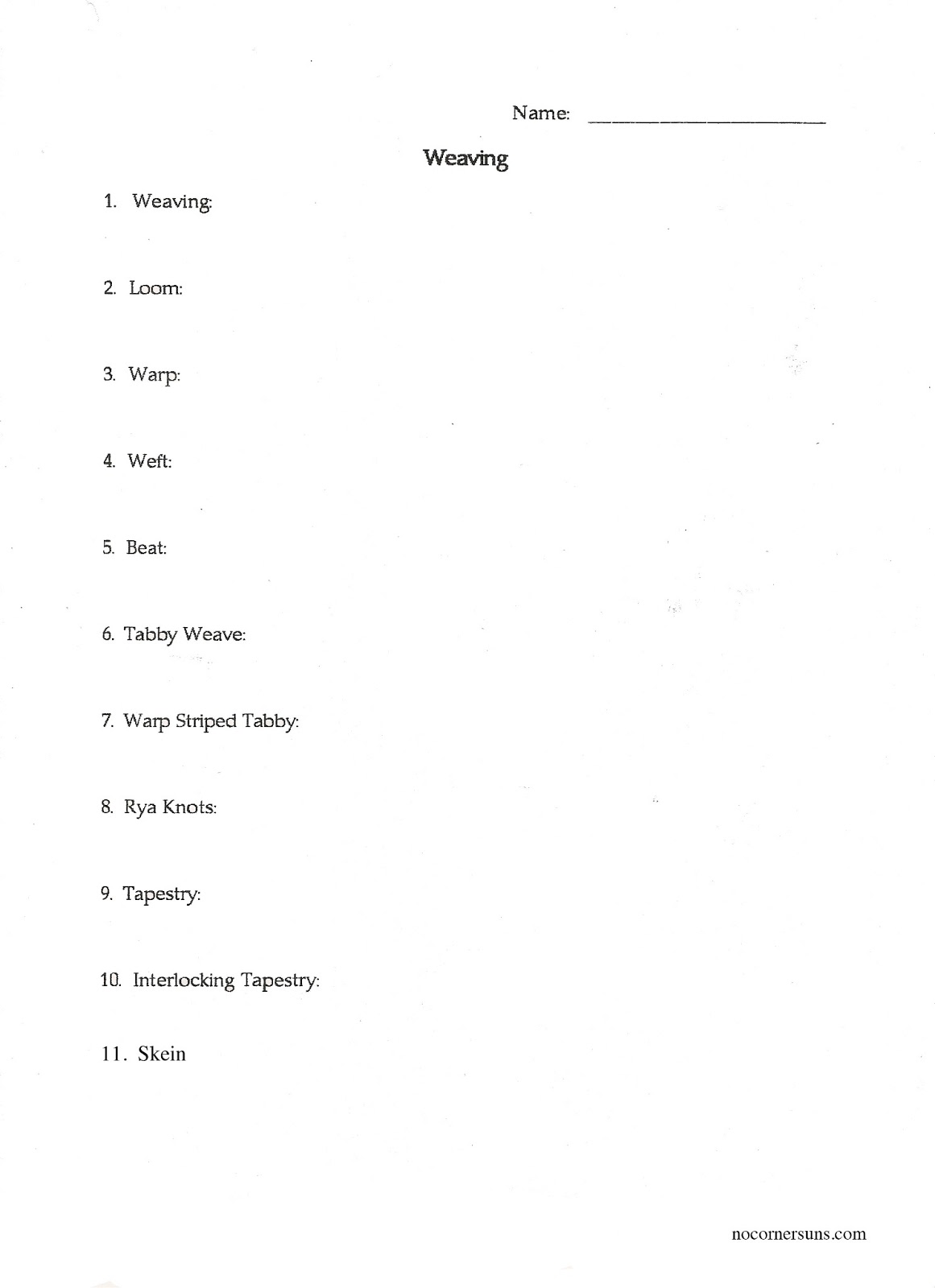 No Corner Suns Weaving Vocabulary Page