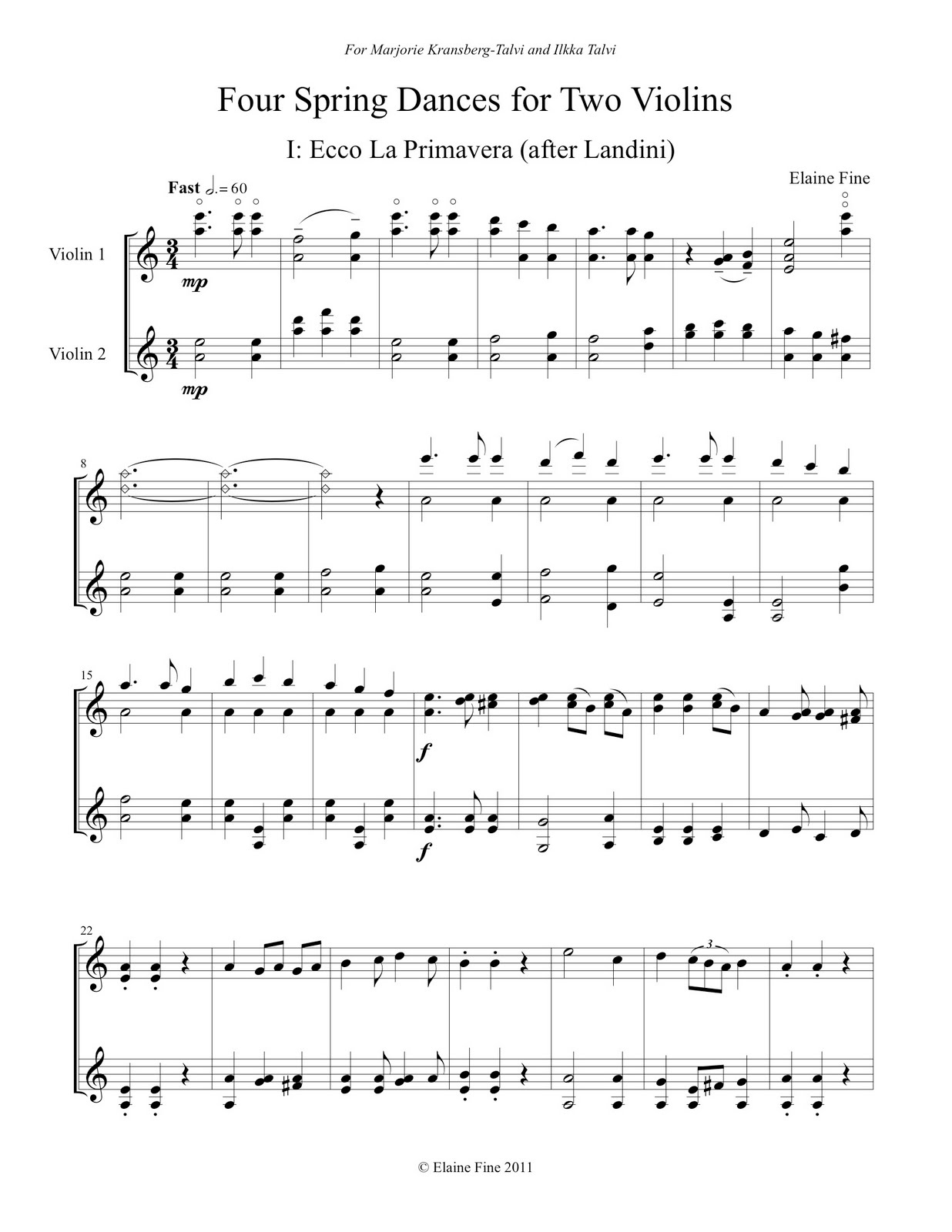 Elaine Fine's Thematic Catalog Four Spring Dances for Two Violins