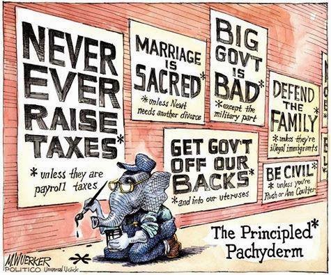 Republican painting slogans on a wall.  Examples:  Get government off our backs (and into our uteruses); Marriage is sacred (unless Newt needs another divorce); Be civil (unless you are Rush or Ann Coulter); and so on