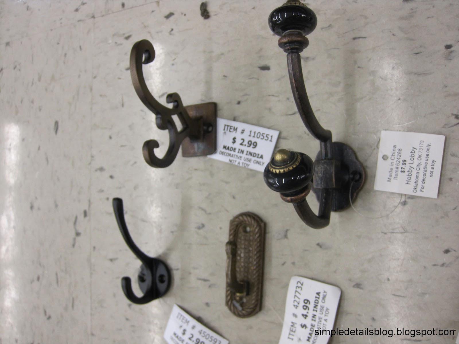 Simple Details best source for hooks & knobs