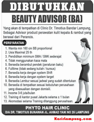 Lowongan Beauty Advisor Clinic Dr. Timotius Bandar Lampung