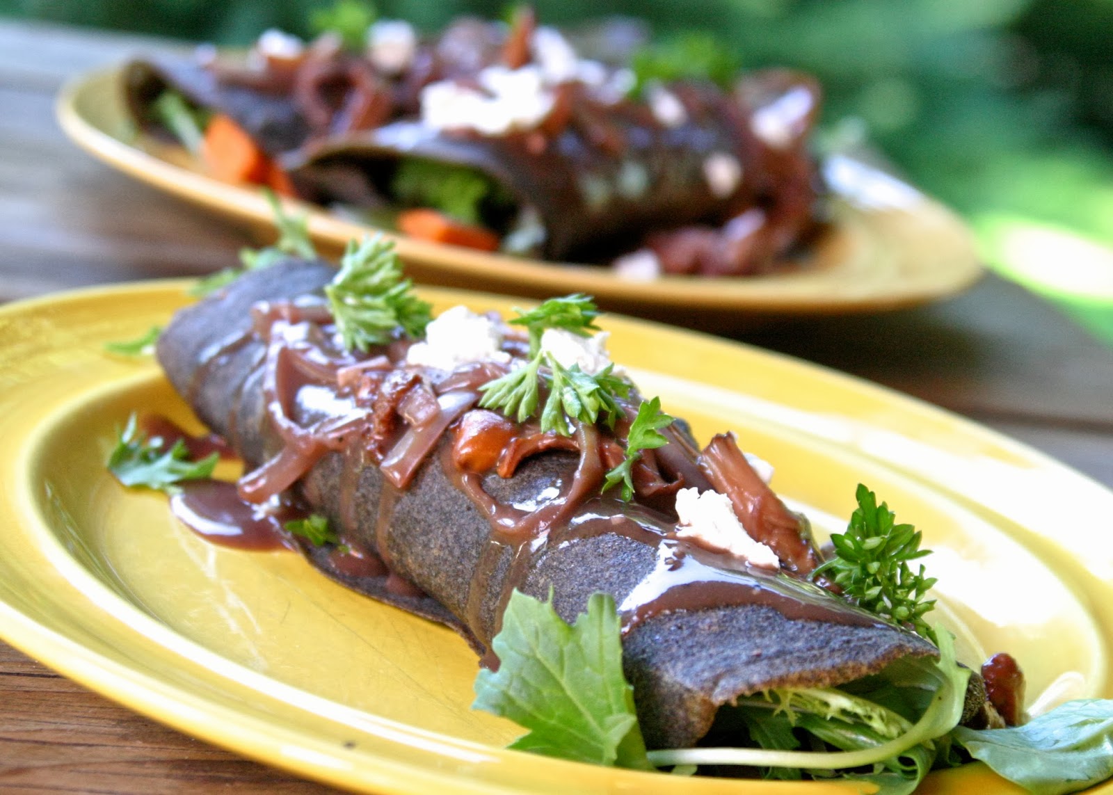 Savory GF Crepes with Roasted Sweet Potatoes and Chanterelle Gravy