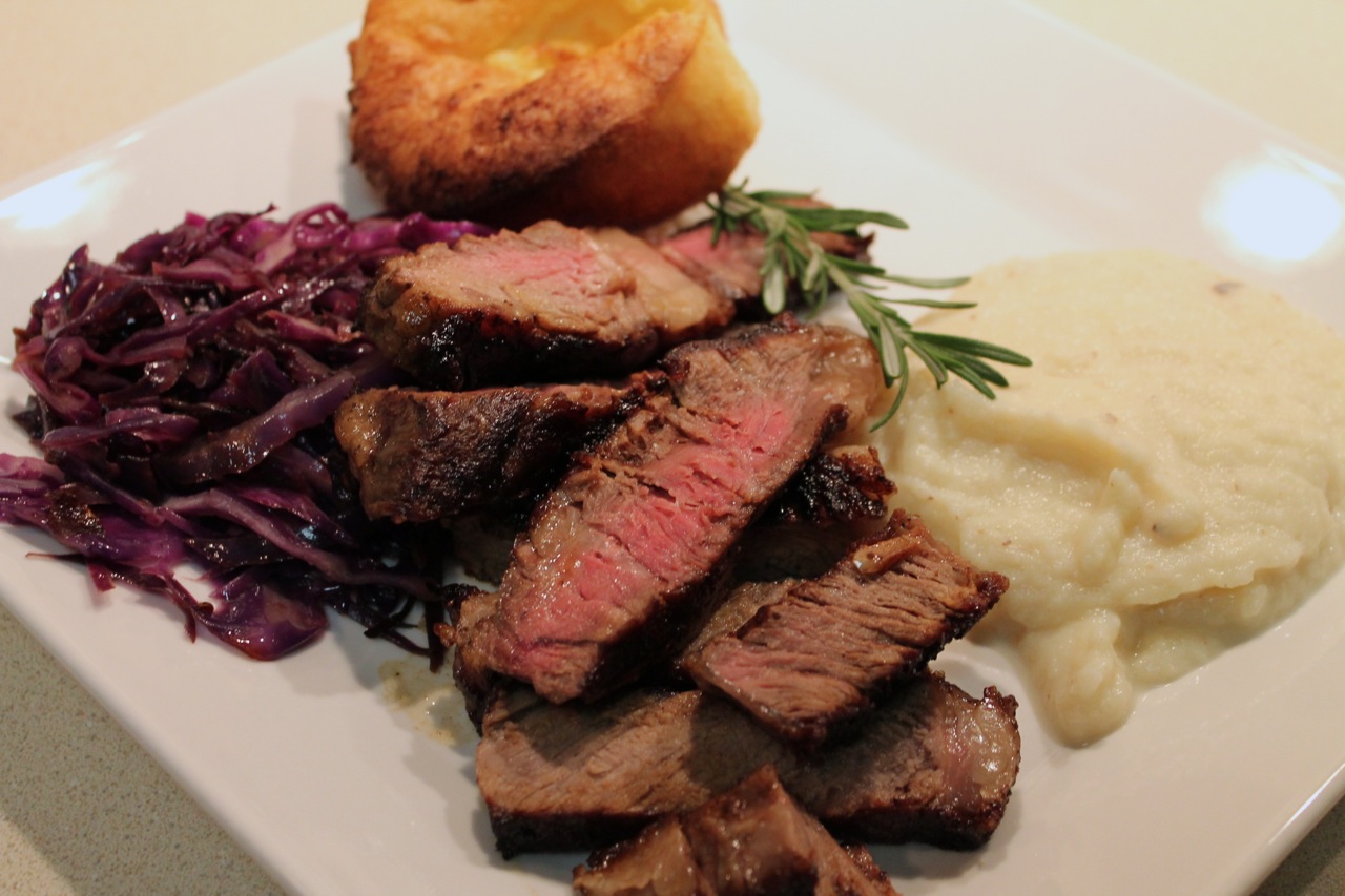 Cook In / Dine Out Steak with Celery Root, Cabbage and Popovers