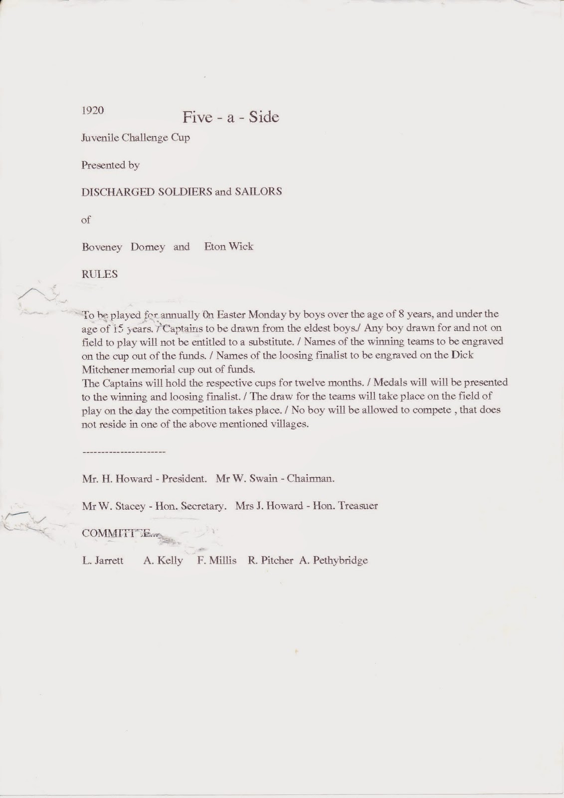 Eton Wick History Five a Side Football Juvenile Challenge Cup