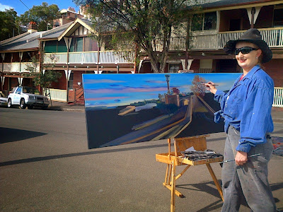 Plein air oil painting by Industrial Heritage Artist Jane Bennett of Millers Point Barangaroo and the Harbour Tower from High st