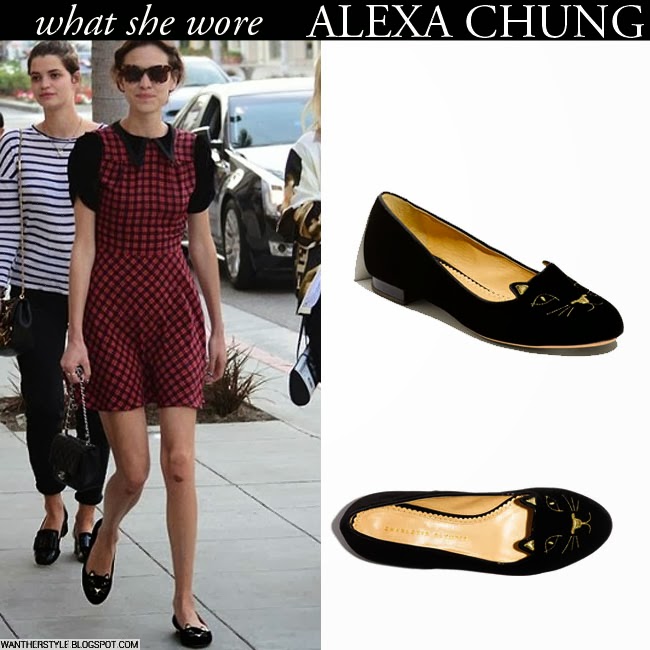 WHAT SHE WORE Alexa Chung in black velvet cat flats in Beverly Hills