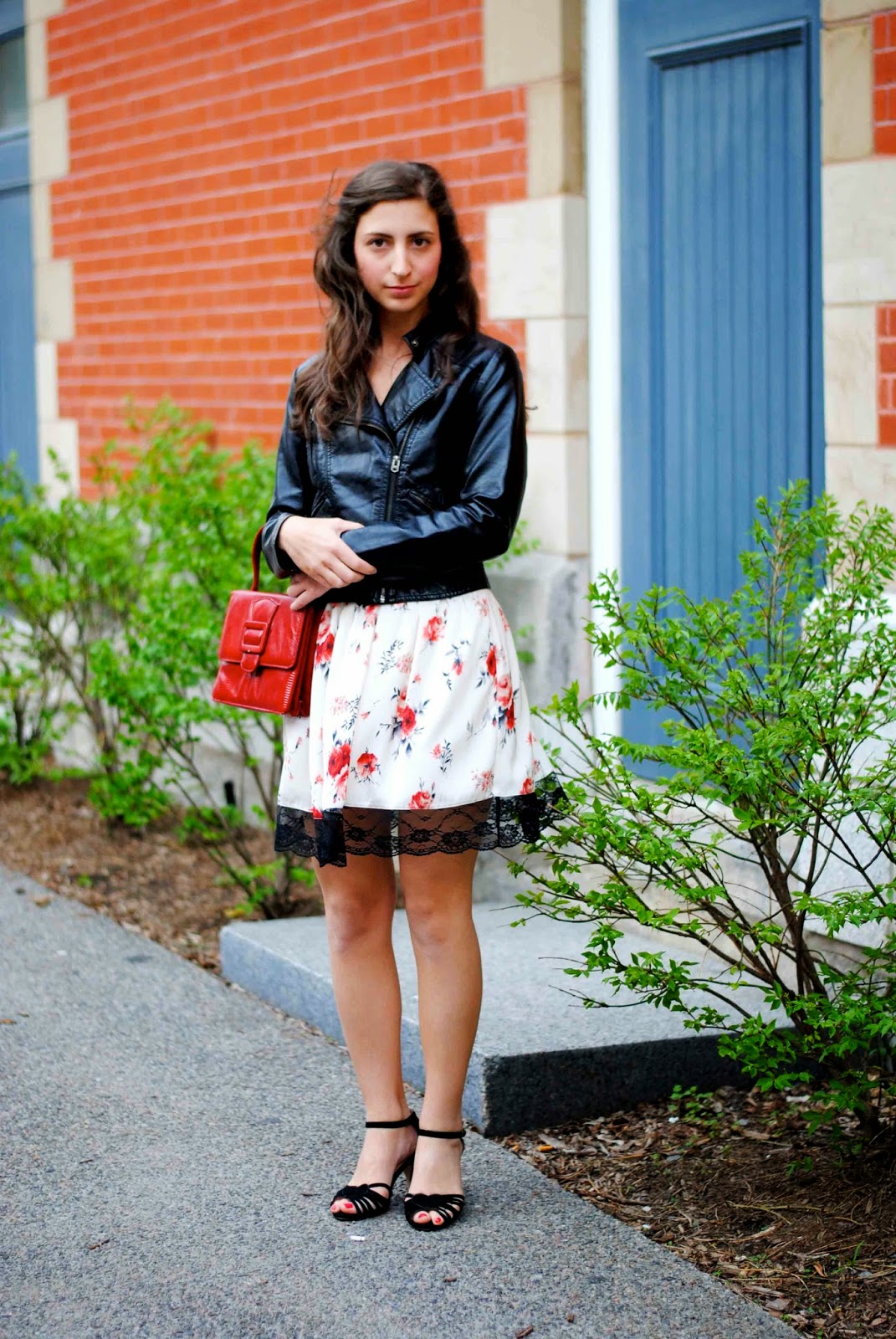 Zara floral lace dress leather moto jacket suede sandals red purse handbag