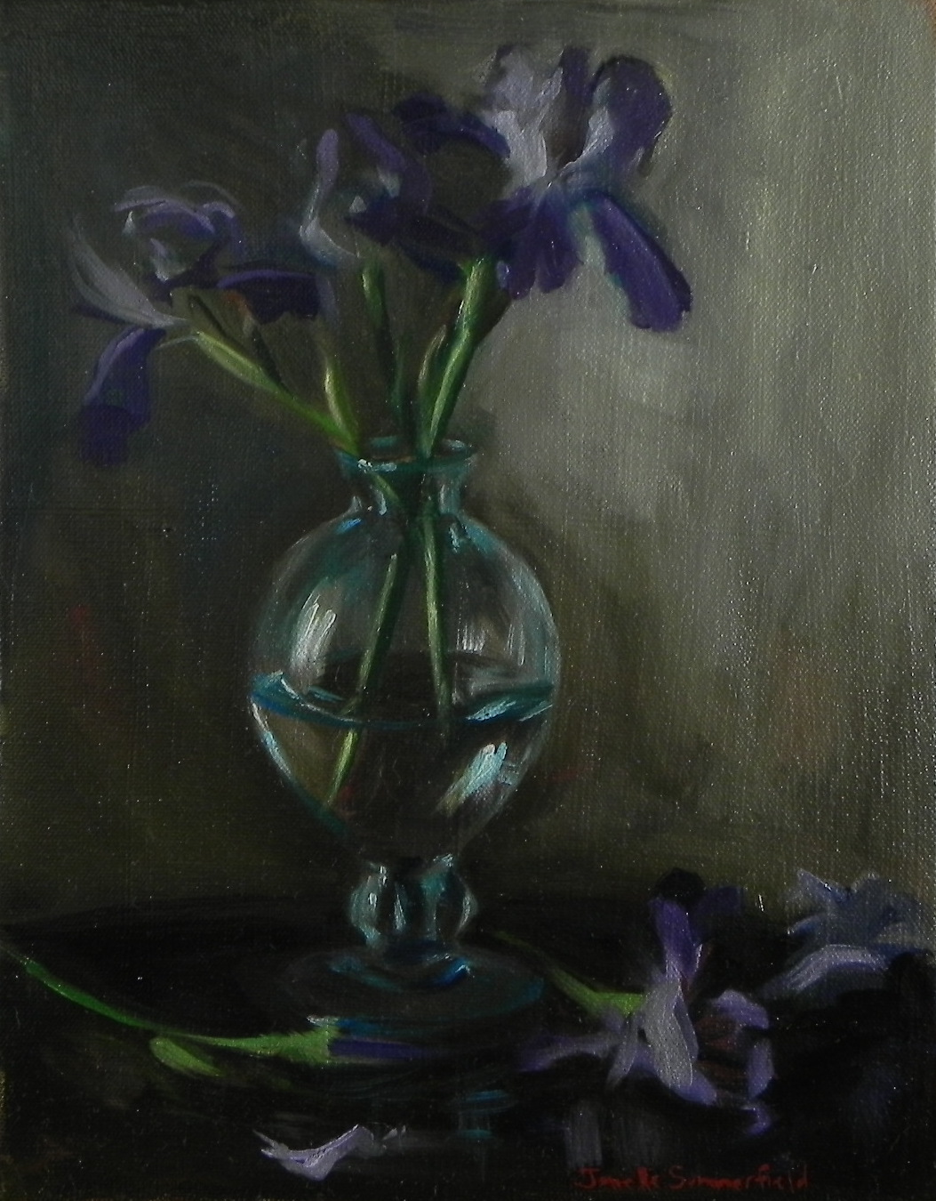 Jonelle Summerfield Oil Paintings Irises in Clear Blue Vase
