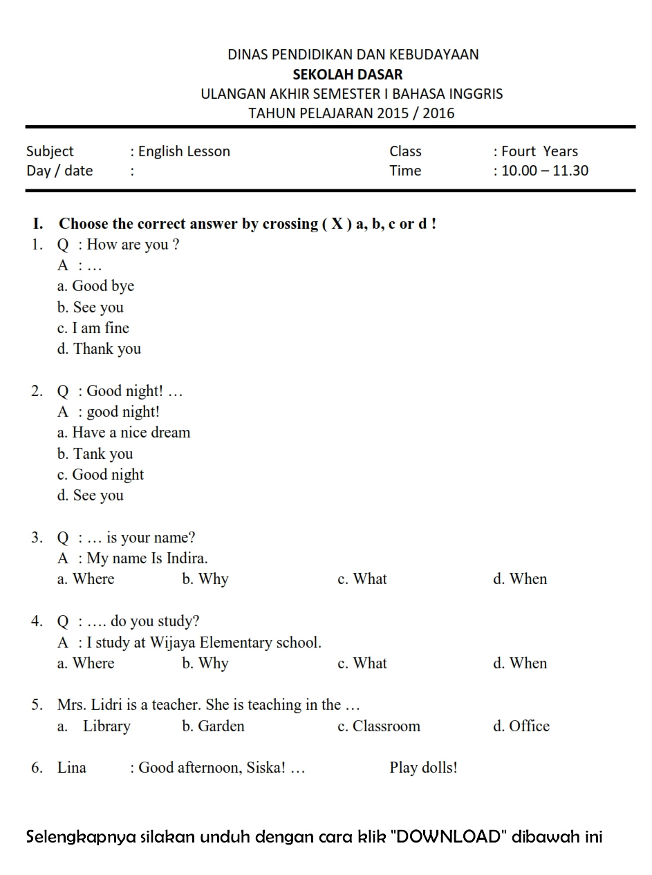 Download Soal UAS Ganjil Bahasa Inggris Kelas 4 Semester 1 - 2015/2016