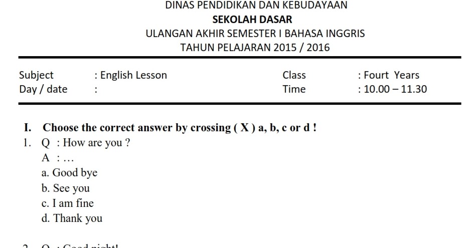 Download Soal UAS Ganjil Bahasa Inggris Kelas 4 Semester 1 2015/2016 Download Soal UAS Ganjil Bahasa Inggris Kelas 4 Semester 1 2015/2016