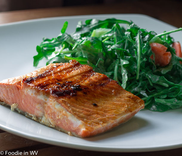 Click for Recipe for Buffalo Style Salmon with Blue Cheese Arugula Salad