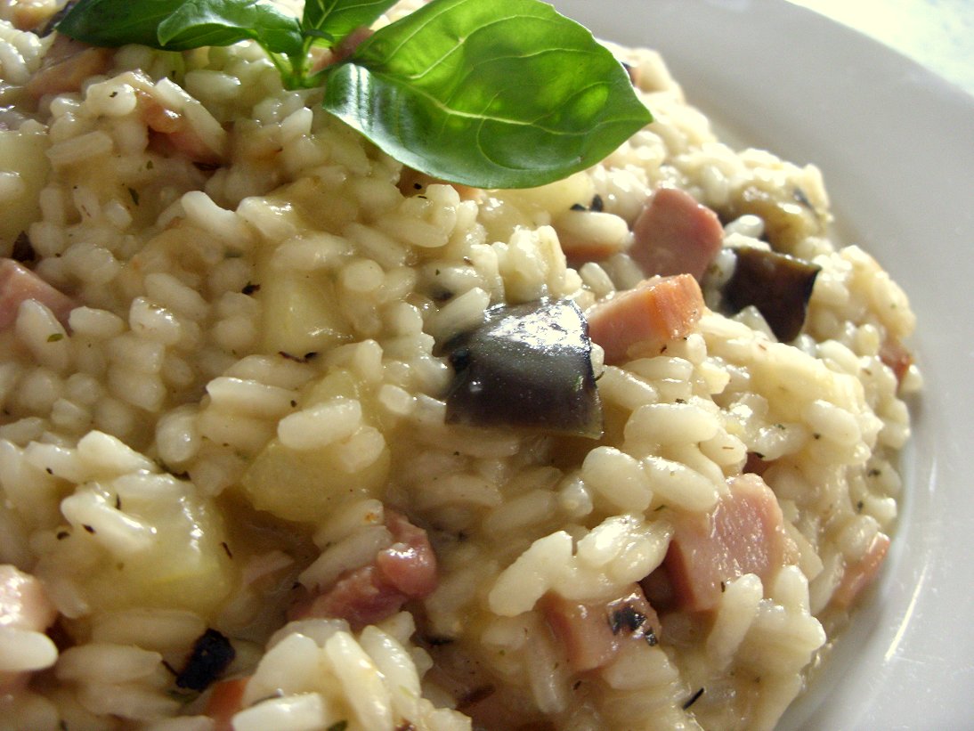 Jenny Eatwell's Rhubarb & Ginger Bacon, pear & aubergine risotto