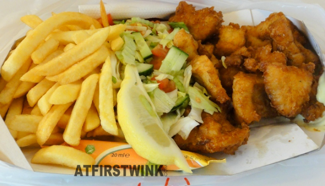 Markthal food review: Kibbeling (pieces of fried fish), salad, and fries set from Royal Fish, Markthal in Rotterdam  