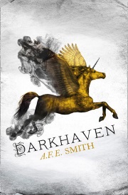 Cover of Darkhaven, featuring a winged unicorn in flight. The creature is gold, with black smoke spiraling out from its wings and hind legs.