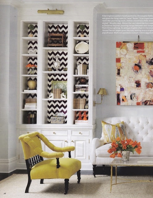 a perfect gray: wallpapered bookcase backs...