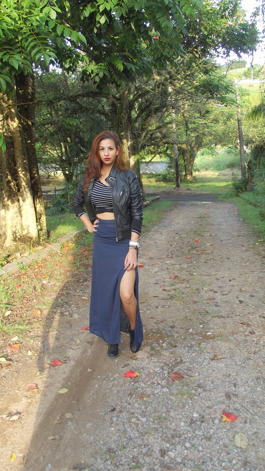 Gerciane santtos: Look do dia: Mix de texturas saia longa+jaqueta de couro fake