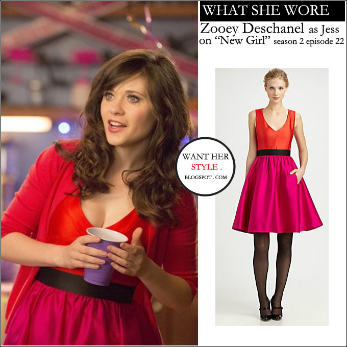 WHAT SHE WORE Zooey Deschanel as Jess in hot pink and red dress on New