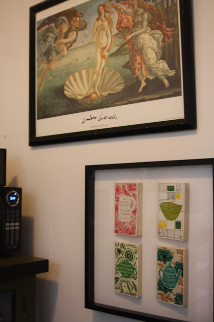 Kitchen decor, shadowbox art with Penguin Great Food books and Birth of Venus print