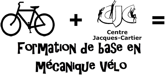 Dessin simple d'un vélo. Logo du CJC, soit trois personnages en ombre qui sautent sur les trois lettres. Formation de base en Mécanique Vélo