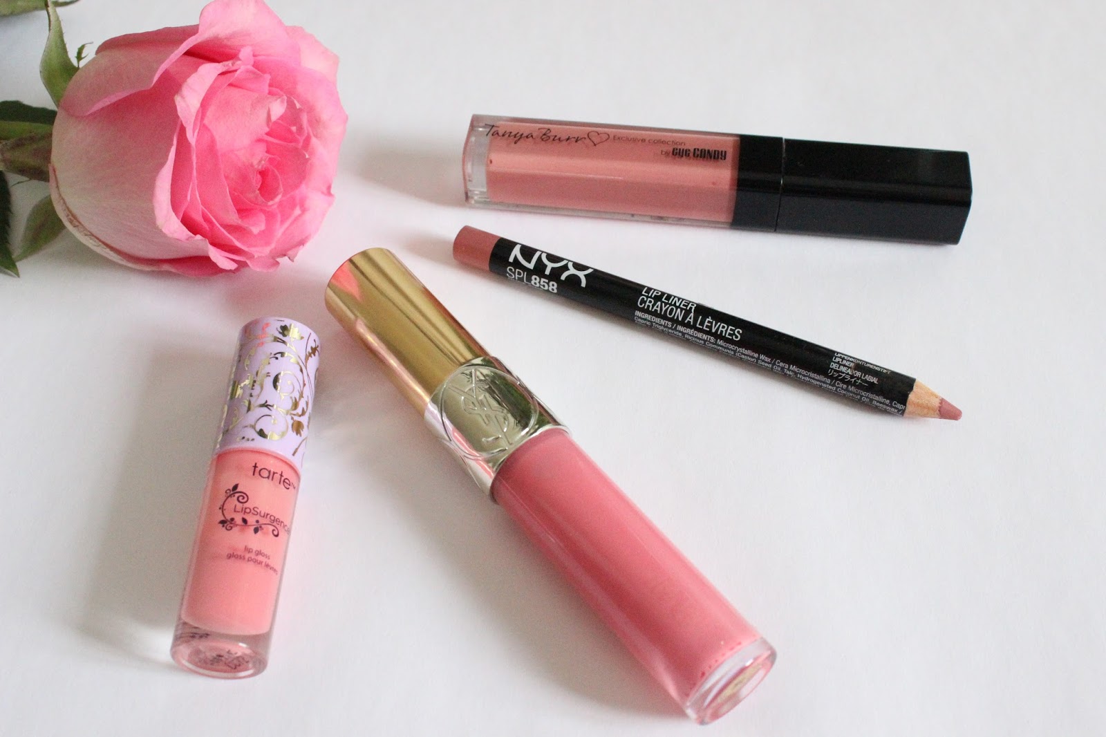 Pretty Pink Lips | NYX Slim Lip Pencil in Natural Pink, Tarte LipSurgence in Magic, YSL Gloss Veloupte in 202, Tanya Burr Lip Gloss in Afternoon Tea