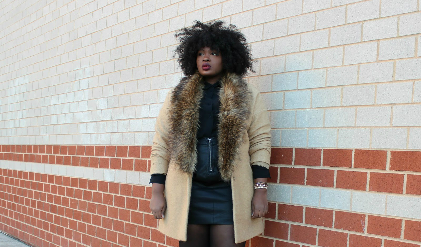 ASOS FUR LINED BOYFRIEND COAT, FOREVER 21 LEATHER MINI SKIRT, SHOEDAZZLE LACE UP PEEP TOE BOOTIES