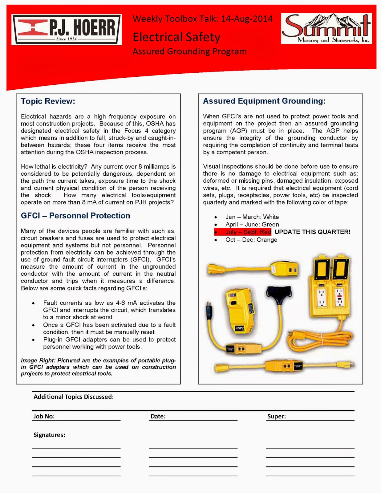 P.J. Hoerr, Inc. P.J. Hoerr & Summit Masonry Weekly Toolbox Talk