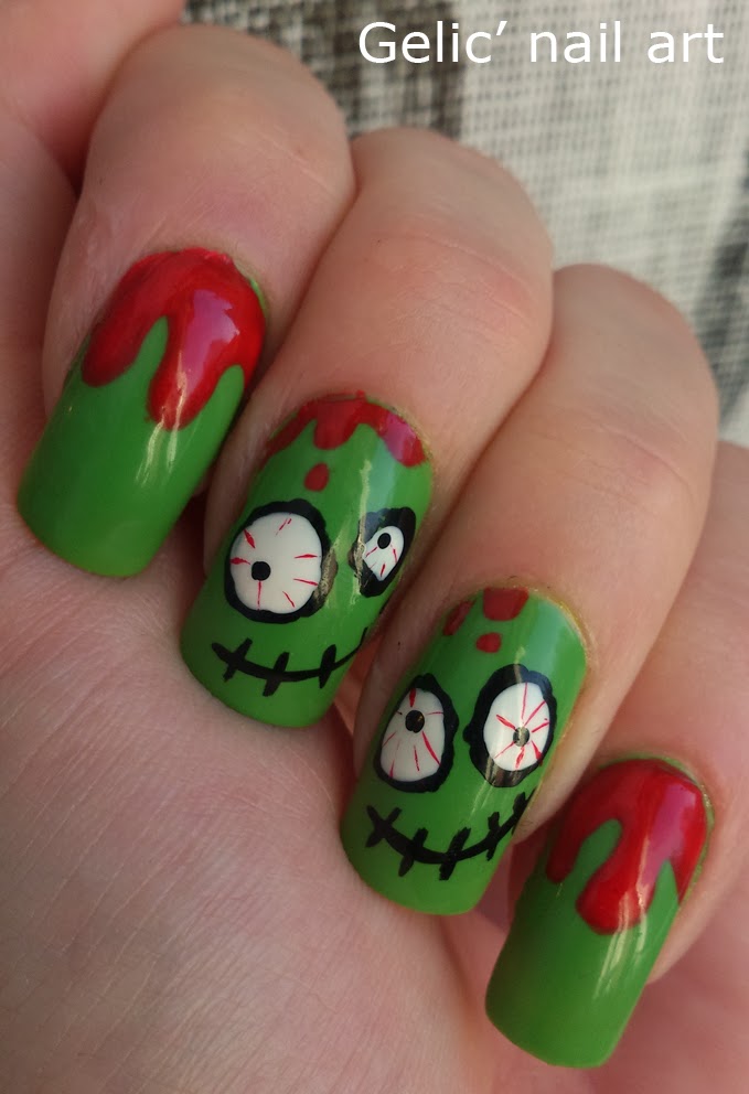 Gelic' nail art Cute n’ crazy green bloody zombie nail art
