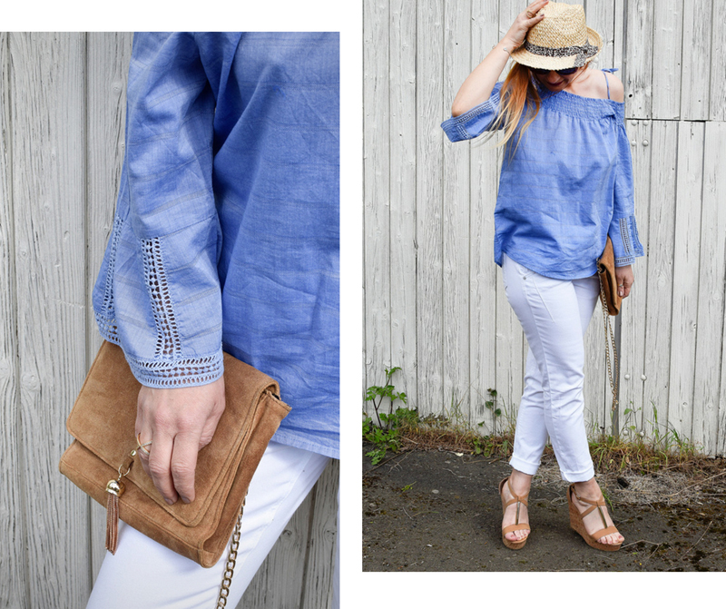 Tchibo, luftig und leger, weiße 7/8 Jeans, hellbaue Offshoulder Bluse Tchibo, luftig und leger, weiße 7/8 Jeans, hellbaue Offshoulder Bluse