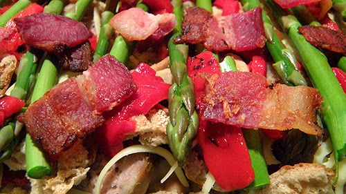Asparagus, Bacon, and Roasted Peppers atop English Muffins