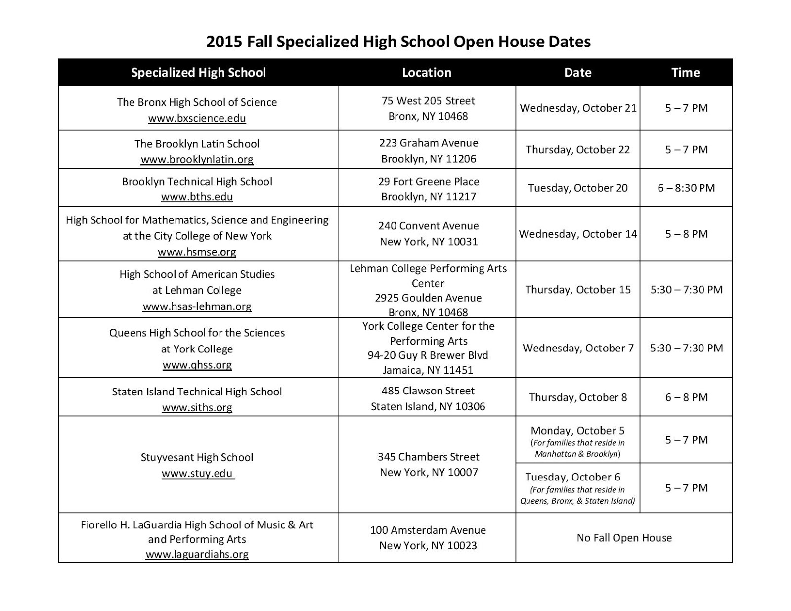 Parents of NY Teens 2015 Fall Specialized High School Open House Dates