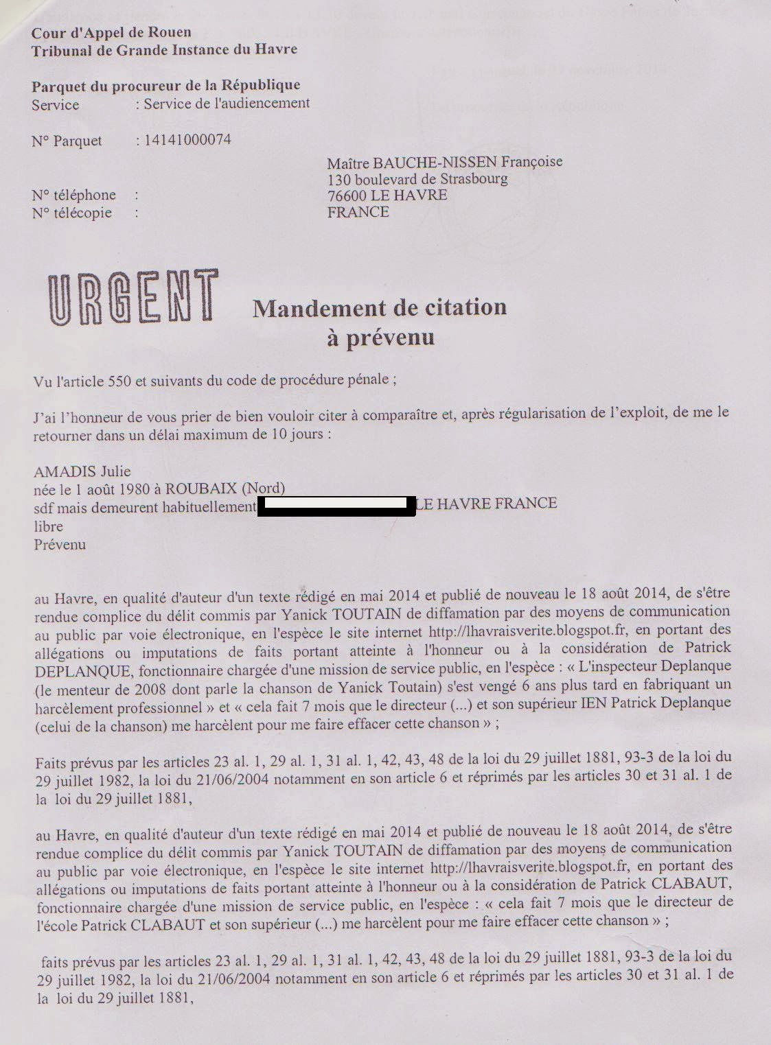 citation a comparaitre modele