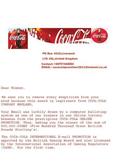 Scam Report The COCACOLA INTERNATIONAL Email PROMOTION is approved