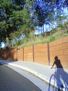 Shadow of pep and bicycle in late-day light next to a retaining wall. (Narrative Clip)