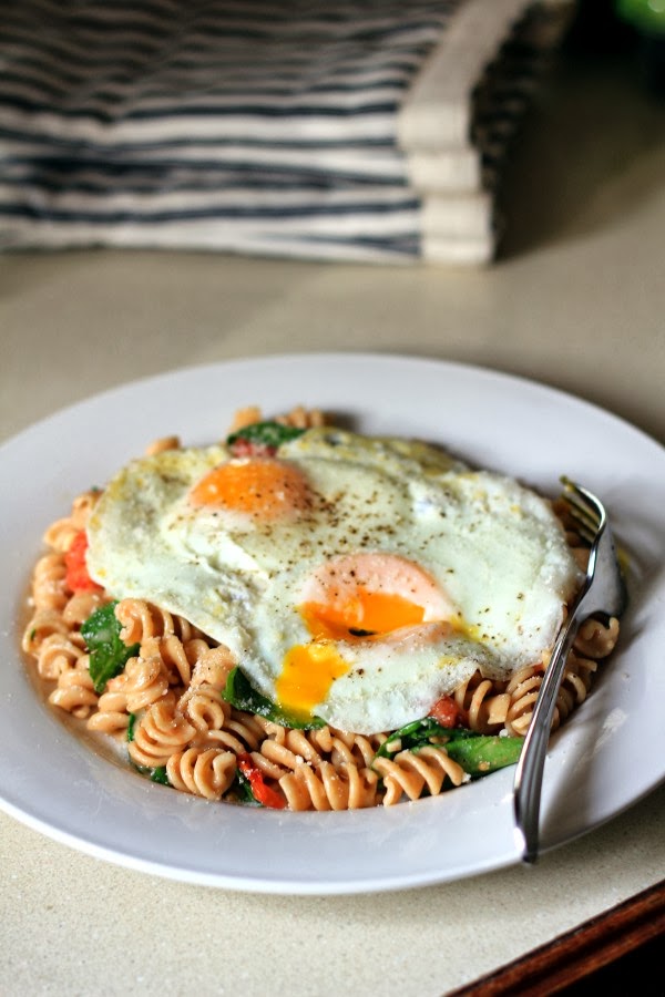 Kitchen Trial and Error pasta with roasted tomatoes and fried eggs