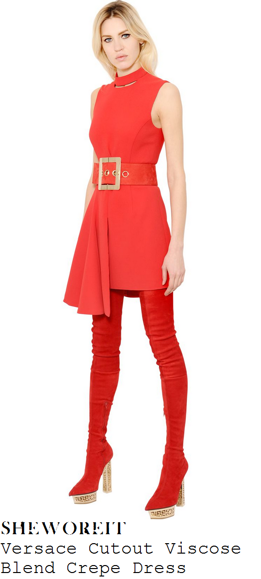 rita-ora-red-sleeveless-buckle-detail-asymmetric-dress-x-factor-auditions