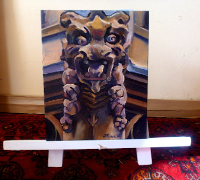 Plein air oil painting of Sandstone gargoyle on top of Maclaurin Hall University of Sydney  by industrial heritage artist Jane Bennett