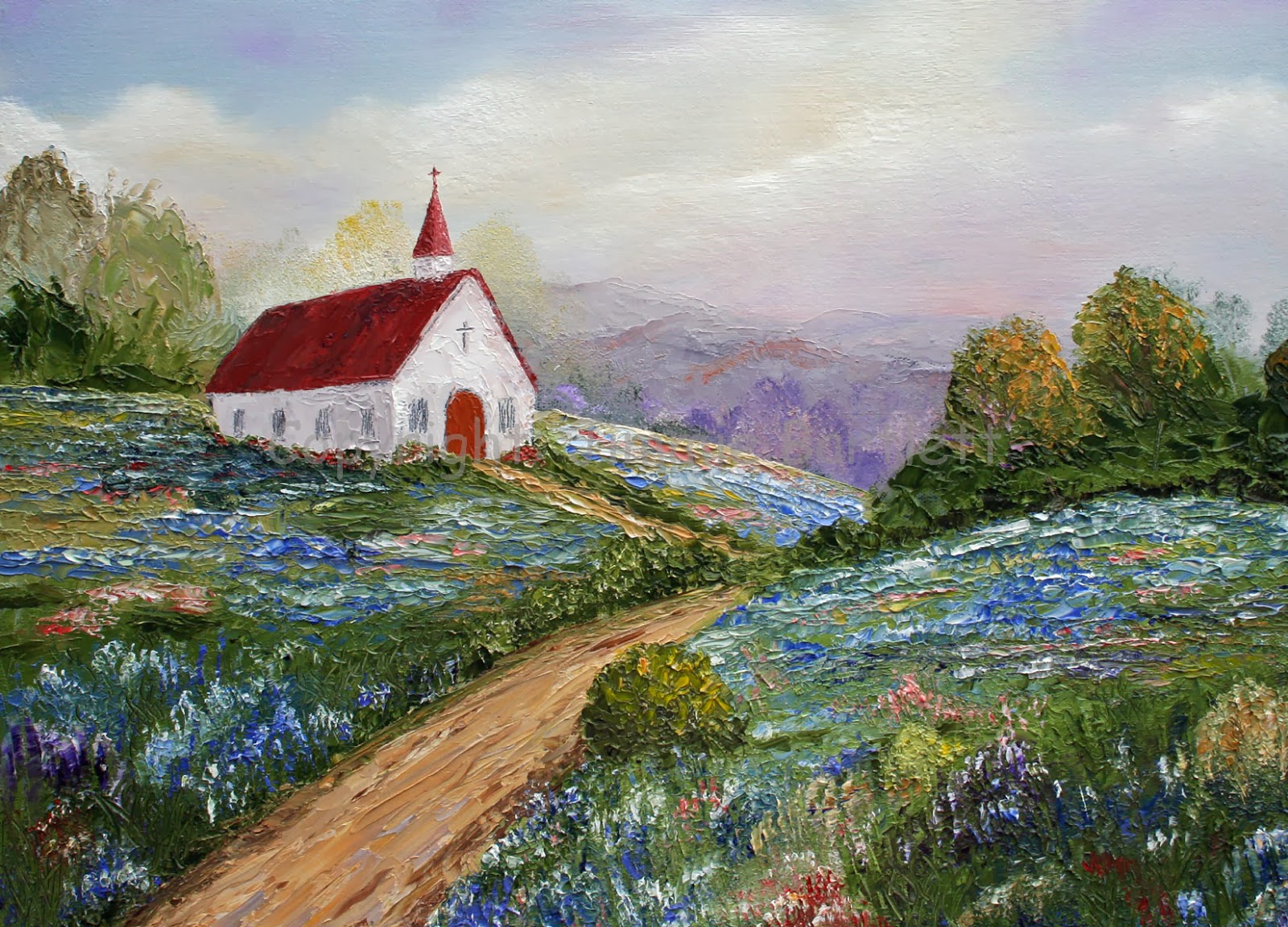 Jimmie’s Art: Countryside Church, Original Palette Knife Oil Painting