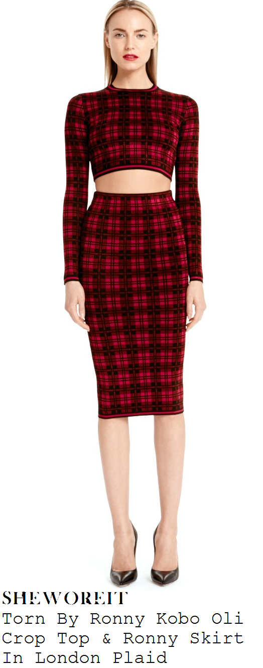 lauren-pope-red-and-black-tartan-plaid-print-high-neck-long-sleeve-and-pencil-midi-skirt-co-ords-ibiza