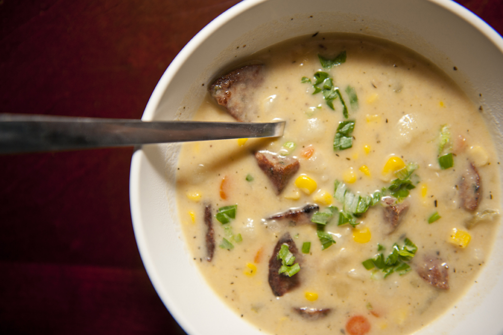 SOUNDING MY BARBARIC GULP! Andouille & Corn Chowder