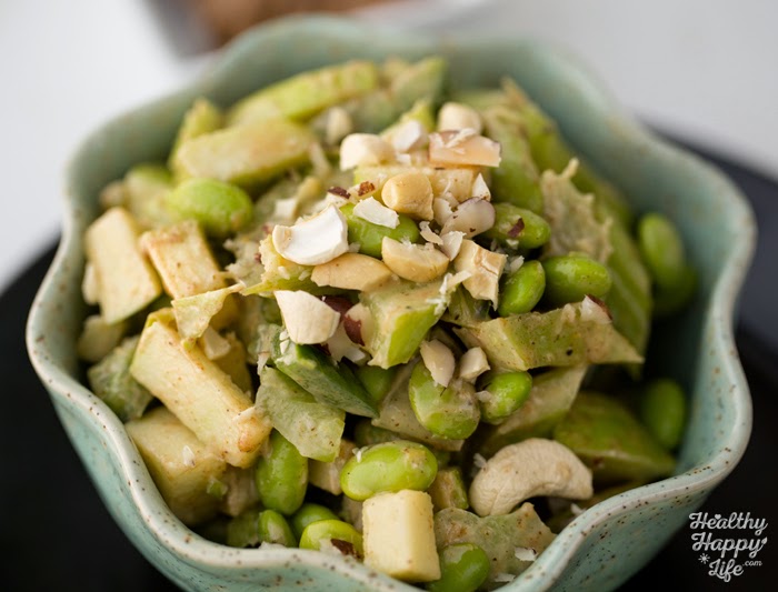 Peanutty Celery Apple Edamame Salad with a spicy kick! Vegan Recipe
