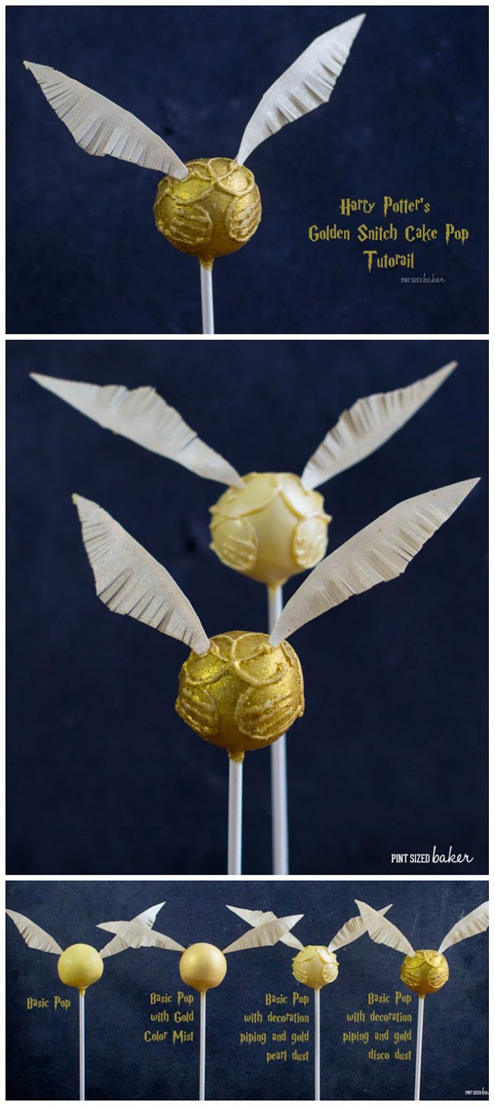 We are having a Harry Potter Party and these Golden Snitch Cake Pops are perfect! I can make a basic pop or add more details for a more intricate design. The instructions to make these are at Pint Sized Baker.