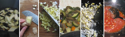 Zubereitung Bhaji mit Aubergine, Zucchini, Karotten und Kartoffeln Zubereitung Bhaji mit Aubergine, Zucchini, Karotten und Kartoffeln