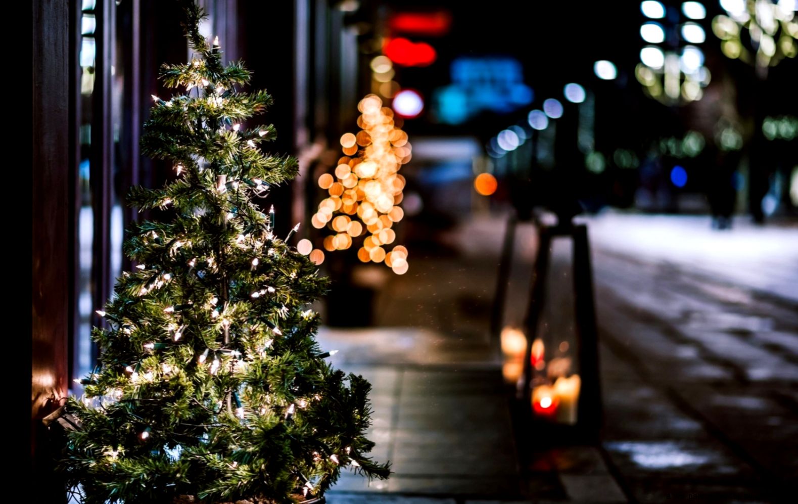 Christmas Tree Garland Lights City Street Night Winter Hd Wallpaper