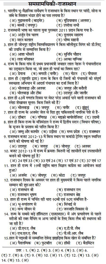 Rajasthan Current Gk In Hindi Pdf