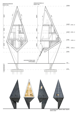 Esquema arquitectónico de Primeval Symbiosis, la casa eficiente con forma de árbol