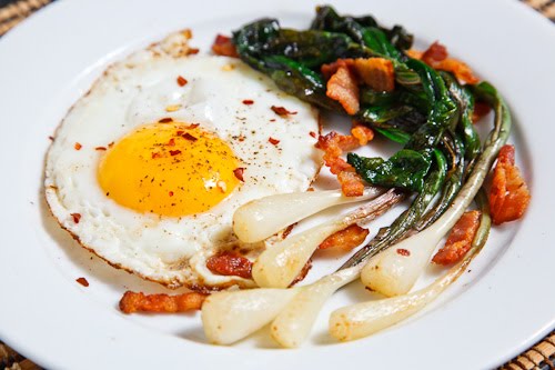 Fried Eggs with Ramps and Bacon