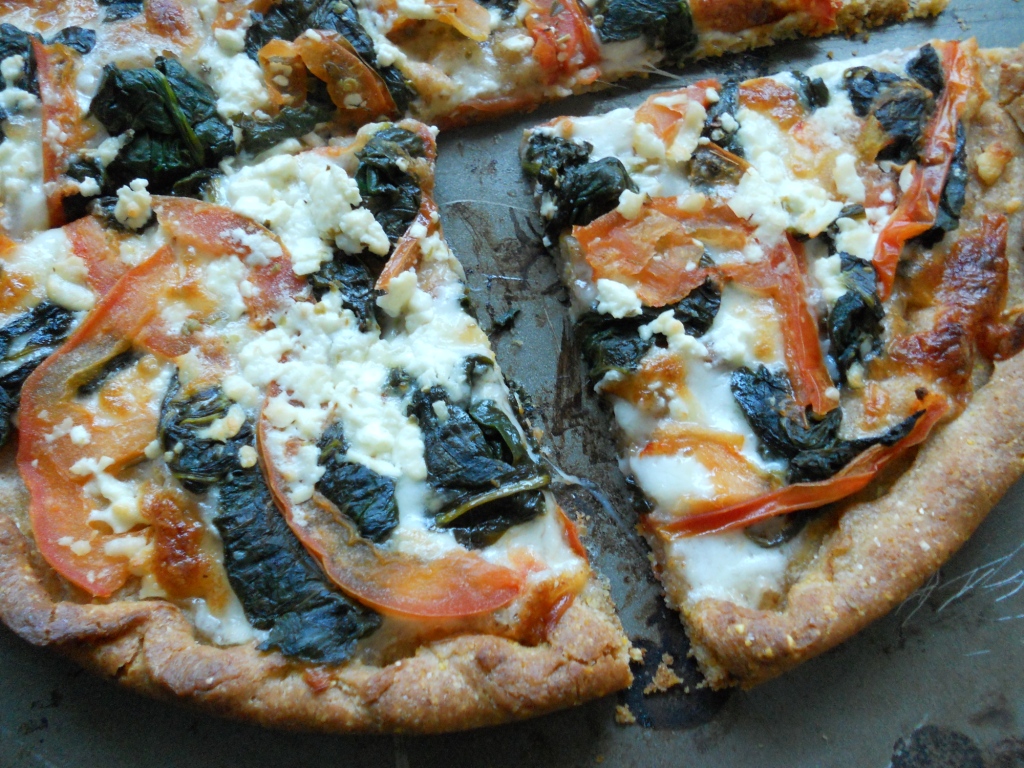 Snacking Squirrel Spinach Pizza with Feta and Tomatoes