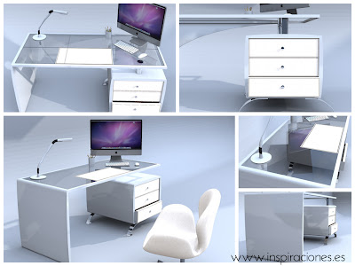 mesa escritorio diseño retro minimalista lacada blanco patas acero con vidrio 